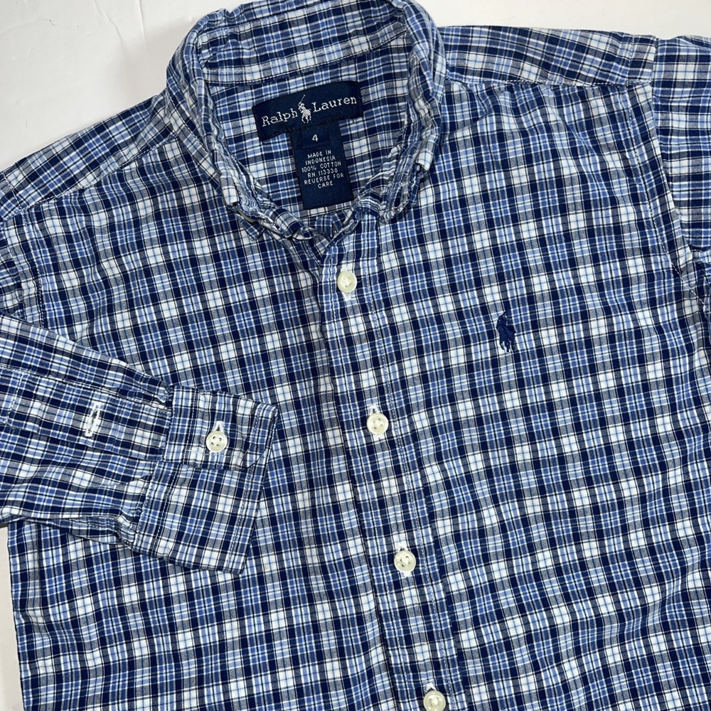 Ralph Lauren Boys‎ Button Down Polo Pony Shirt Size 4 Blue Plaid